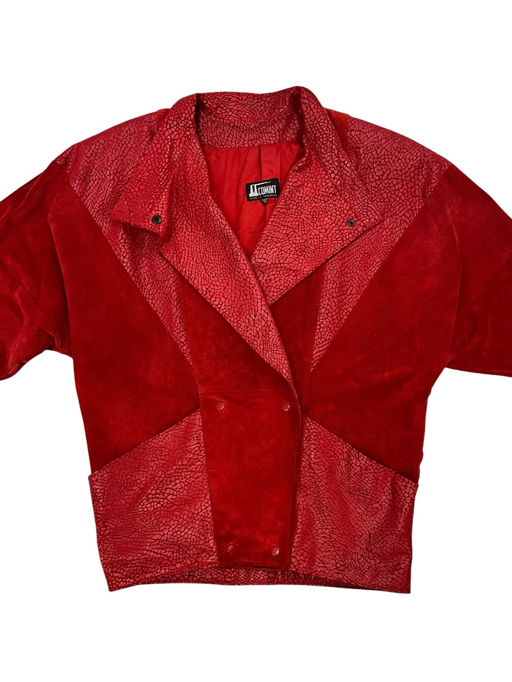 Vintage 1980s Comint Red Leather Coat Women’s M New Wave Dolman Double Breasted